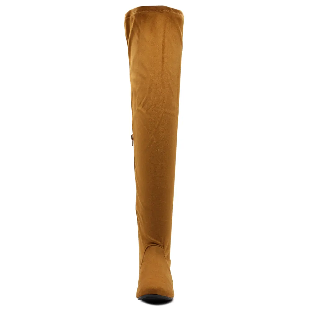 Ollio Women Shoe Adjustable Drawstring Span Faux Suede Faux Leather Thigh-High Zip Up Long Boots