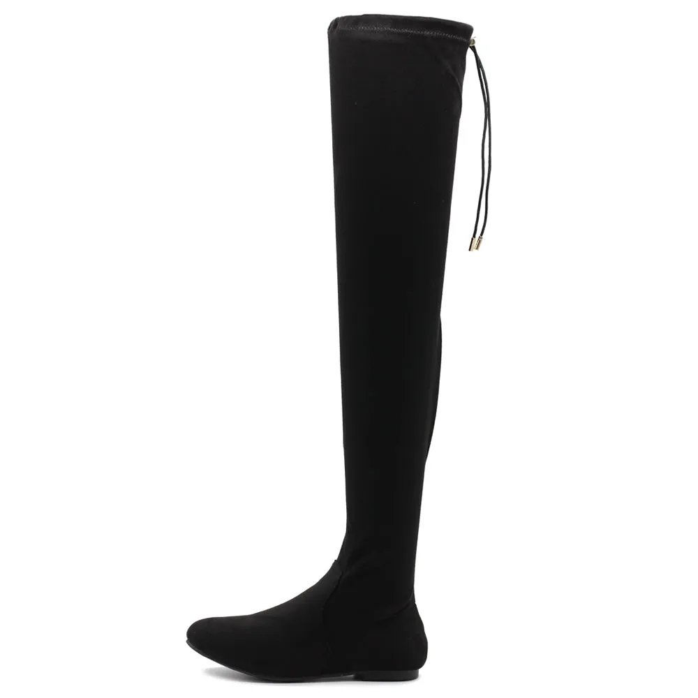 Ollio Women Shoe Adjustable Drawstring Span Faux Suede Faux Leather Thigh-High Zip Up Long Boots