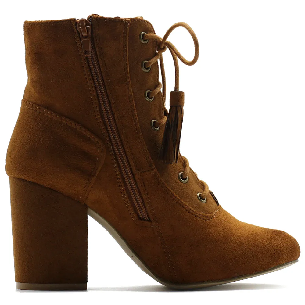 Ollio Women's Shoe Faux Suede Tessle Lace Up Stacked High Heel Ankle Boots