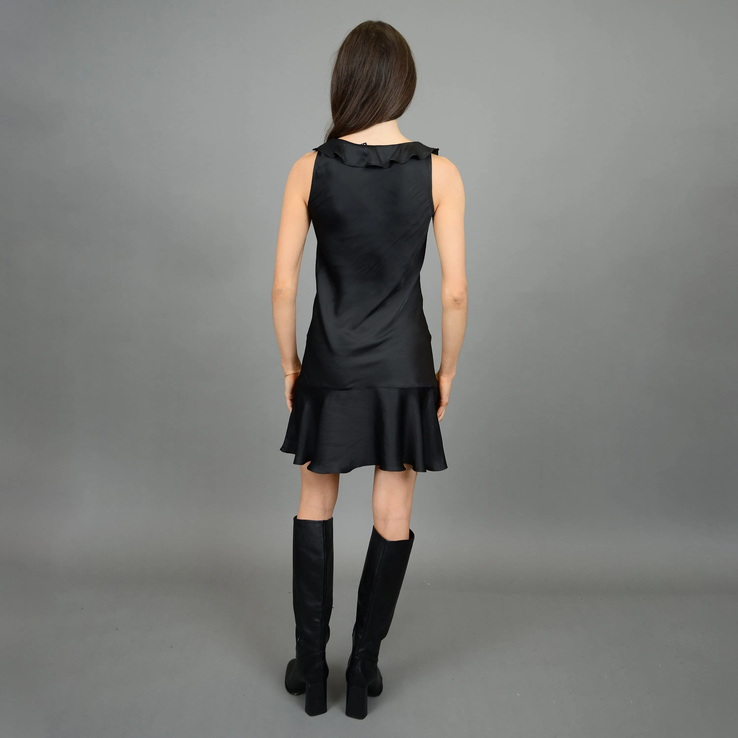 RUFFLE FRONT BLACK DRESS